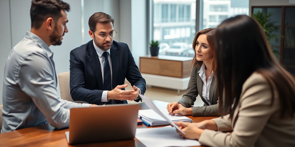 Lawyer consulting clients about multi-vehicle accident claims.
