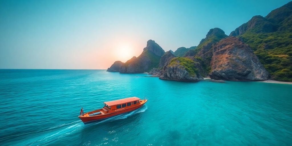 Stunning sunset over Komodo Island with turquoise waters.