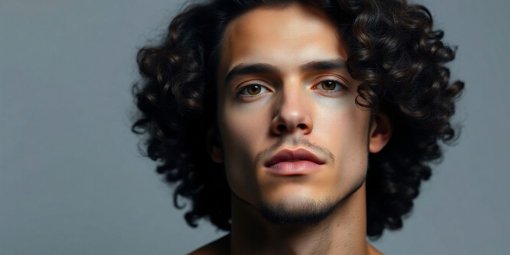 Man with long curly hair, minimalist style, soft lighting.