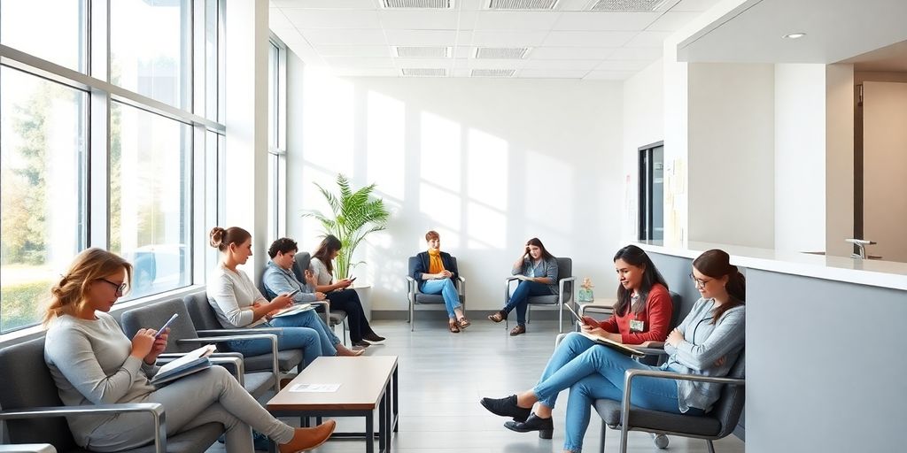 Diverse group in clinic waiting area.