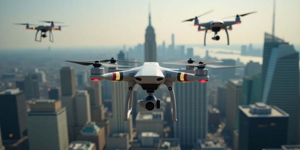 Drones volant au-dessus d'une ville moderne.