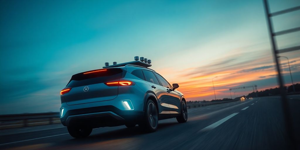 Close-up of autonomous vehicle sensors at dusk.