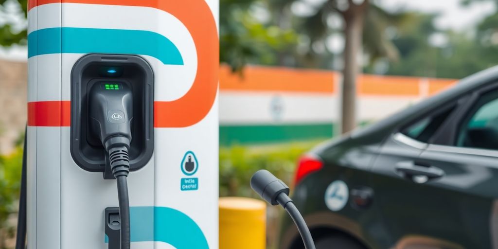 Electric vehicle charging station with a parked EV nearby.
