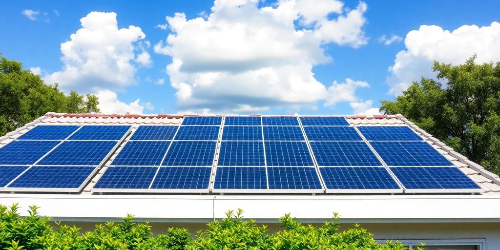 Rooftop solar panels on a sunny day with blue sky.