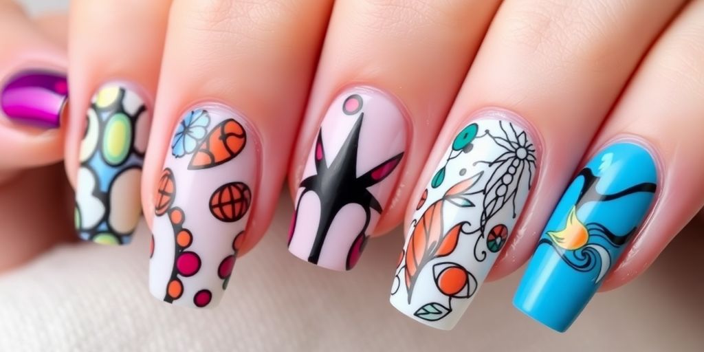 Unhas modernas com designs artísticos e cores vibrantes.