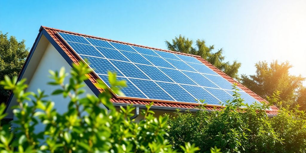 Solar panels on a rooftop with greenery around.