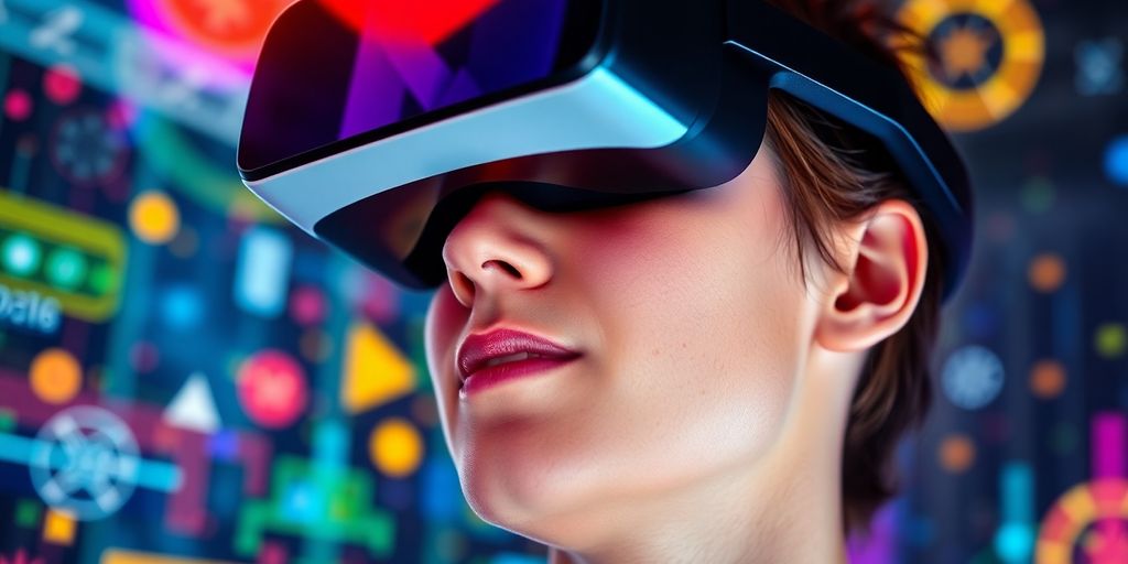 Person using a VR headset in a colorful virtual environment.
