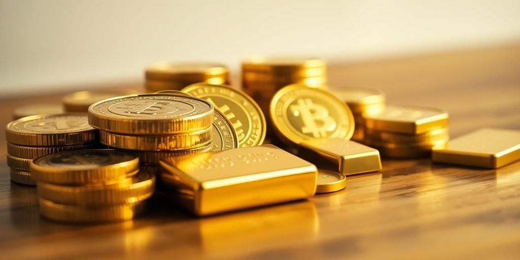 Pièces d'or et lingots sur un comptoir.