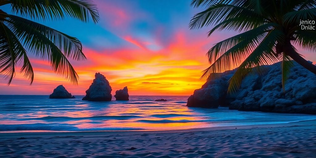 Secluded beach, palm trees, turquoise water, vibrant sunset.