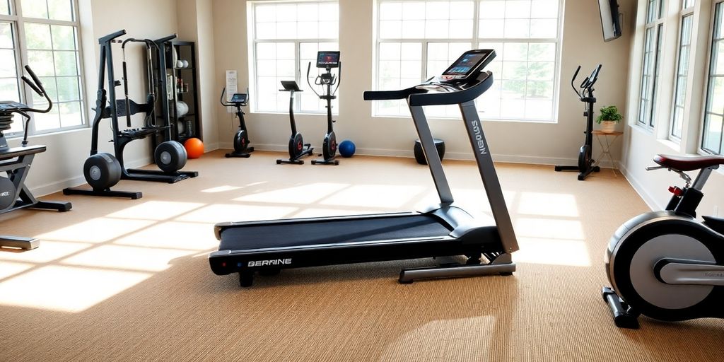 Sunny Health & Fitness treadmill in a bright gym setting.