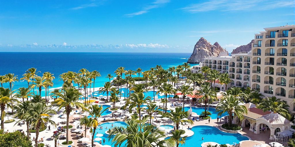Luxurious Riu Palace Cabo San Lucas pools and ocean view.