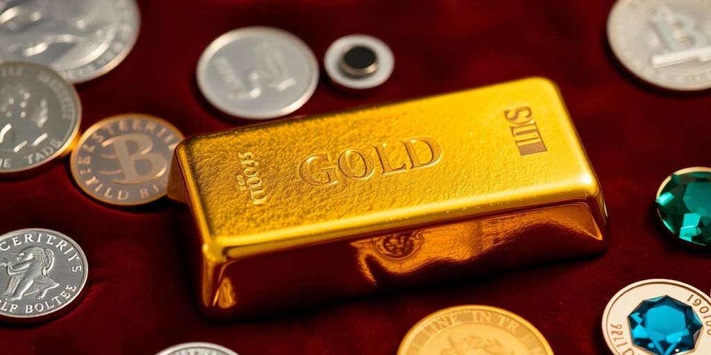Barre d'or avec pièces et pierres précieuses.