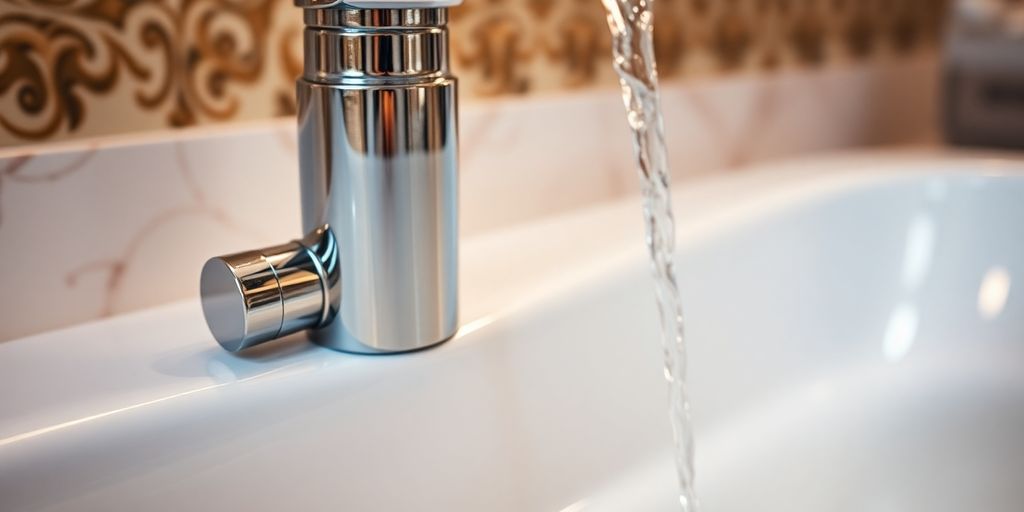 Sleek, modern chrome faucet in a luxurious bathroom setting.