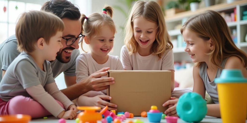 Familie mit Kindern beim Auspacken von Spielzeug.