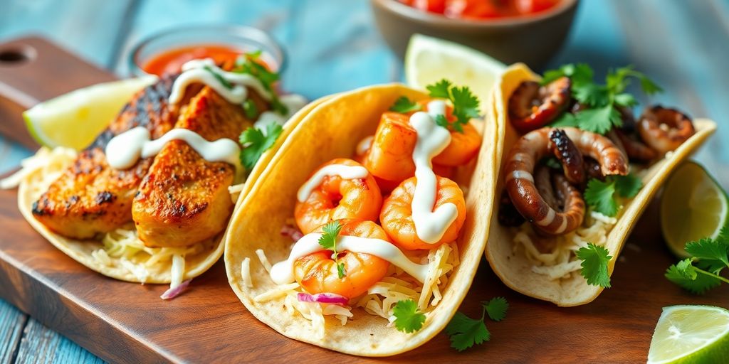 Delicious, colorful Mexican seafood tacos and fresh salsa.