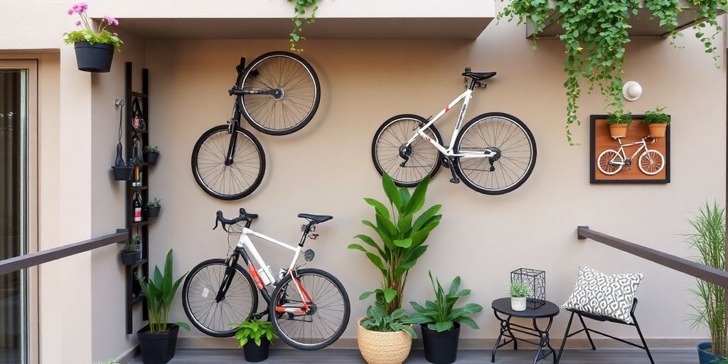 Vertical bike storage on a balcony with plants.