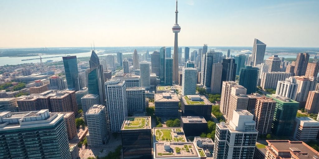 Aerial view of Toronto's skyline with greenery and modern architecture.