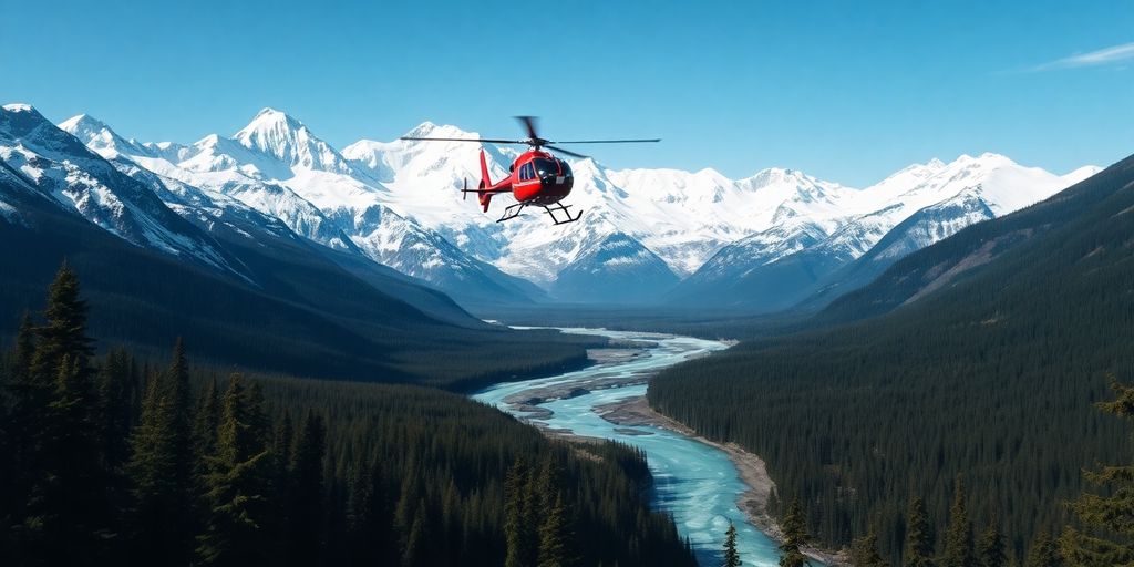 A crane helicopter flying over majestic Alaskan mountains and forests.