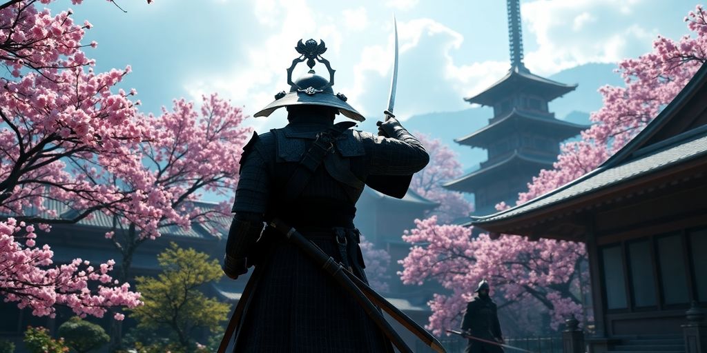 Samouraï et shinobi en action dans un paysage japonais.