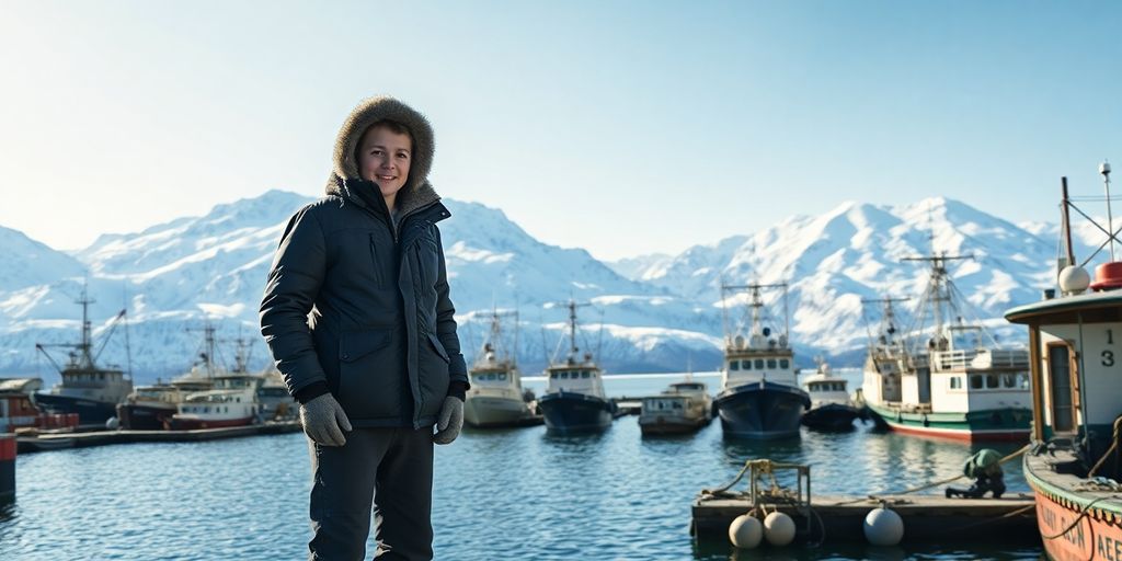 A person stands on an Alaskan dock near fishing boats.