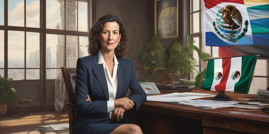 Claudia Sheinbaum in a formal setting with Mexican flag and financial charts