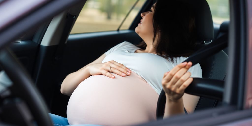 Pregnant woman adjusts car seat away from steering wheel.