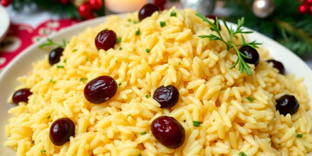 Ceia de natal simples e barata - 10 Receitas fáceis 3 Arroz com uva passas servido em prato festivo.