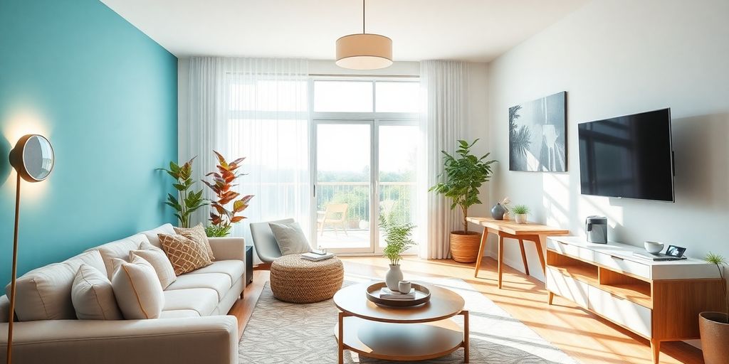 Modern living room with various smart home technologies.