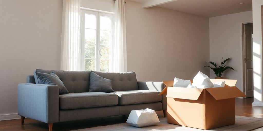 A modern sofa in a living room next to a large shipping box.