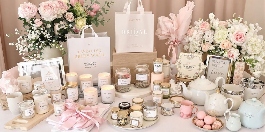 Unique bridal gifts beautifully arranged on a table.