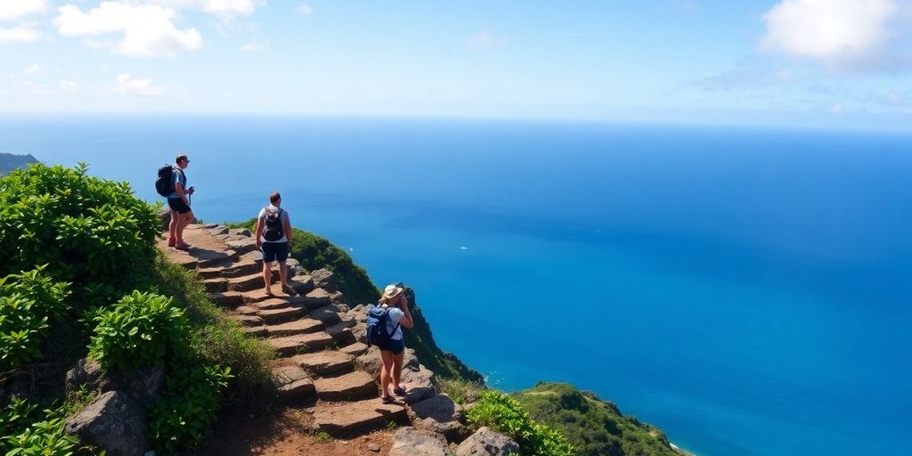 Hikers reaching the Oahu Maili Pillbox summit with panoramic ocean views.