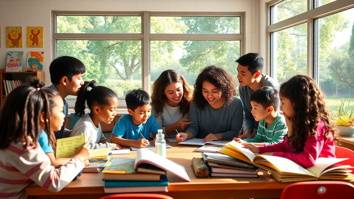 Students and teacher in a creative, sunlit classroom