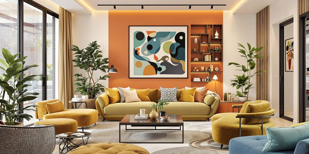 Modern living room with unique design and vibrant colors.