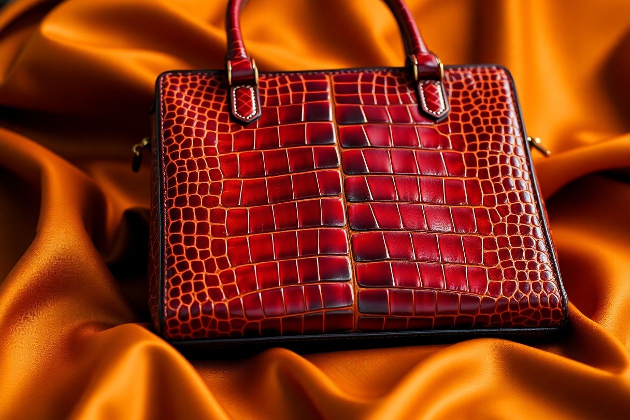Crocodile patterned handbag on fabric background.