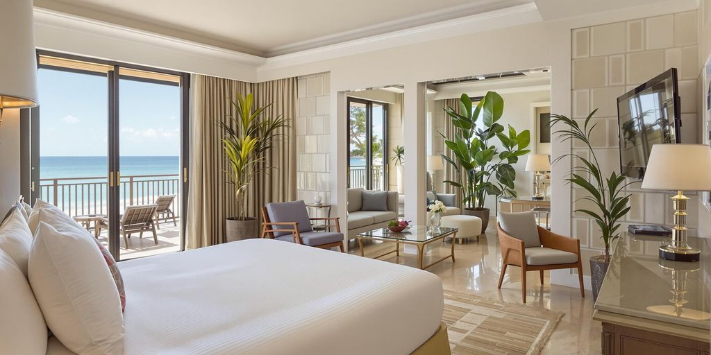 Luxurious room with ocean view and elegant decor.