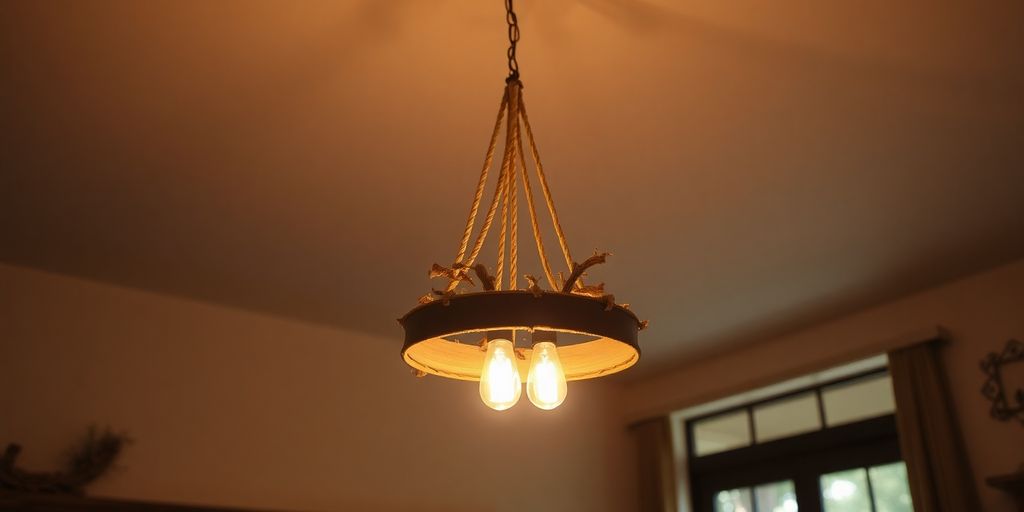 Rustic chandelier with warm light in a cozy home.