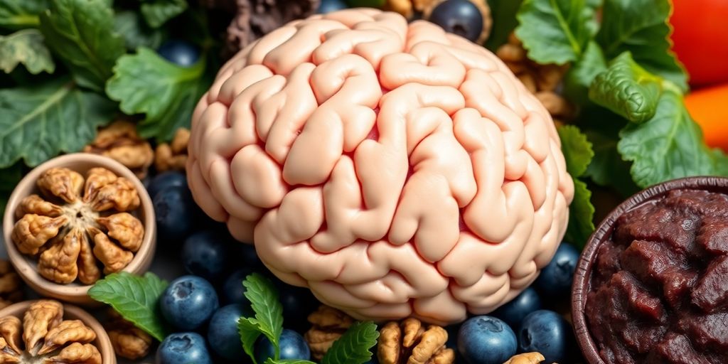 صورة مقربة للدماغ مع أطعمة صحية