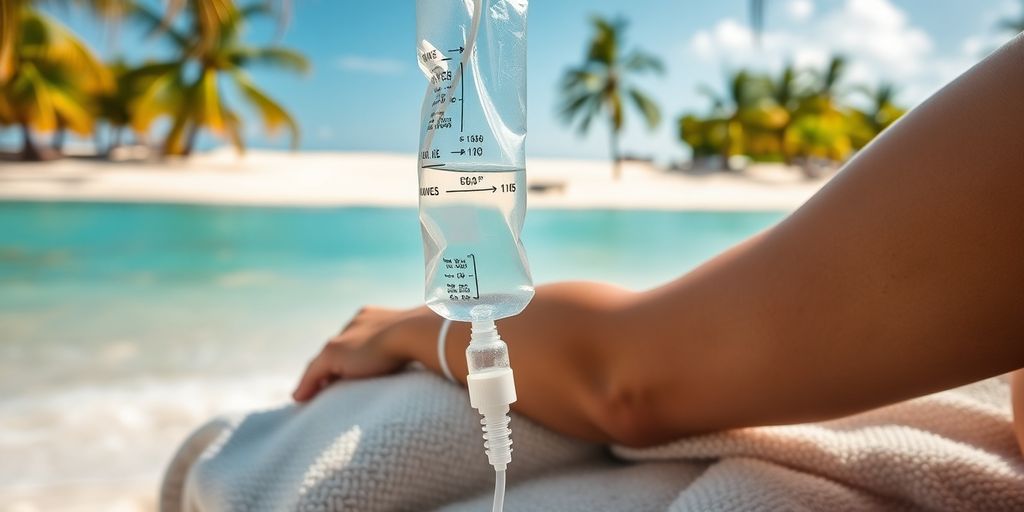 Mobile IV drip therapy on a tropical Thai beach.