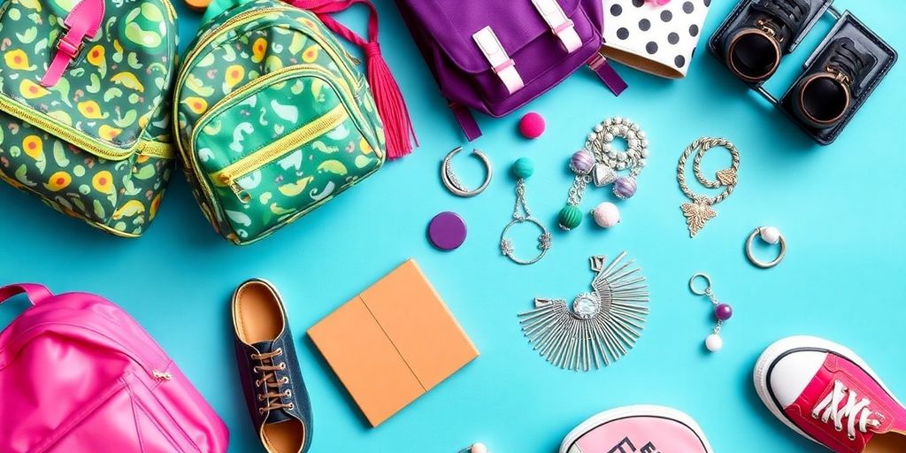 Trendy accessories for teens including bags and jewelry.