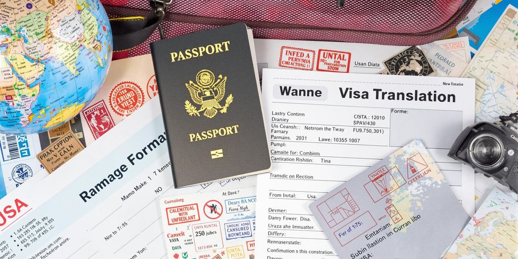 Vize belgeleri ve pasaport görüntüsü.