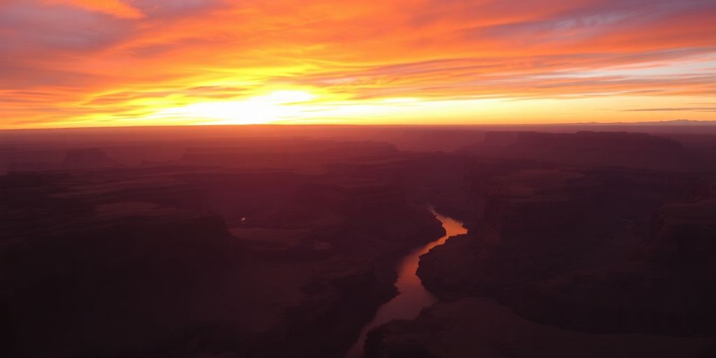 A small airplane flies over the Grand Canyon at sunset.