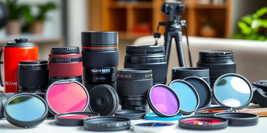 Various camera accessories on a table.