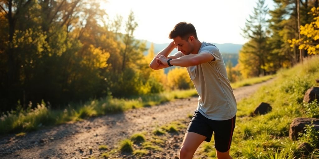 Beginner runner stretching on a scenic outdoor trail.