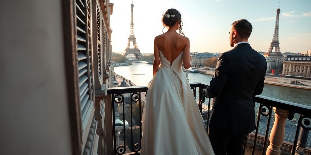 Eiffelturm und Seine, romantische Pariser Hochzeit.