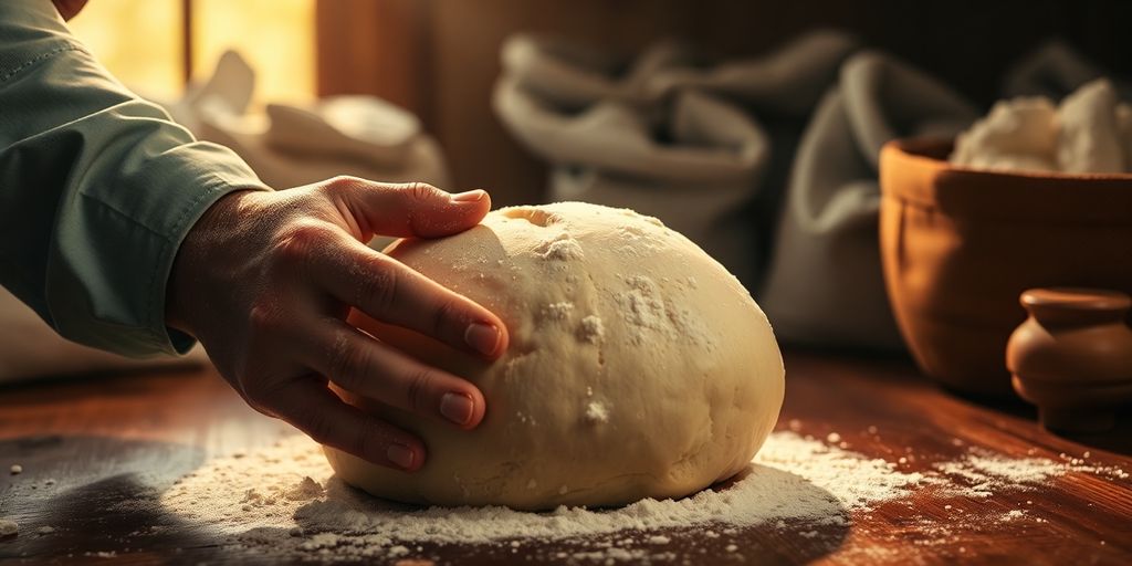 Experienced baker kneading dough in a sunlit bakery.