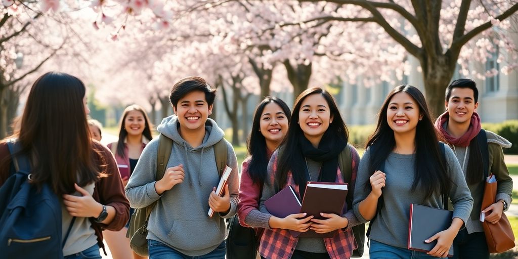 Students studying on UBC campus, cherry blossoms