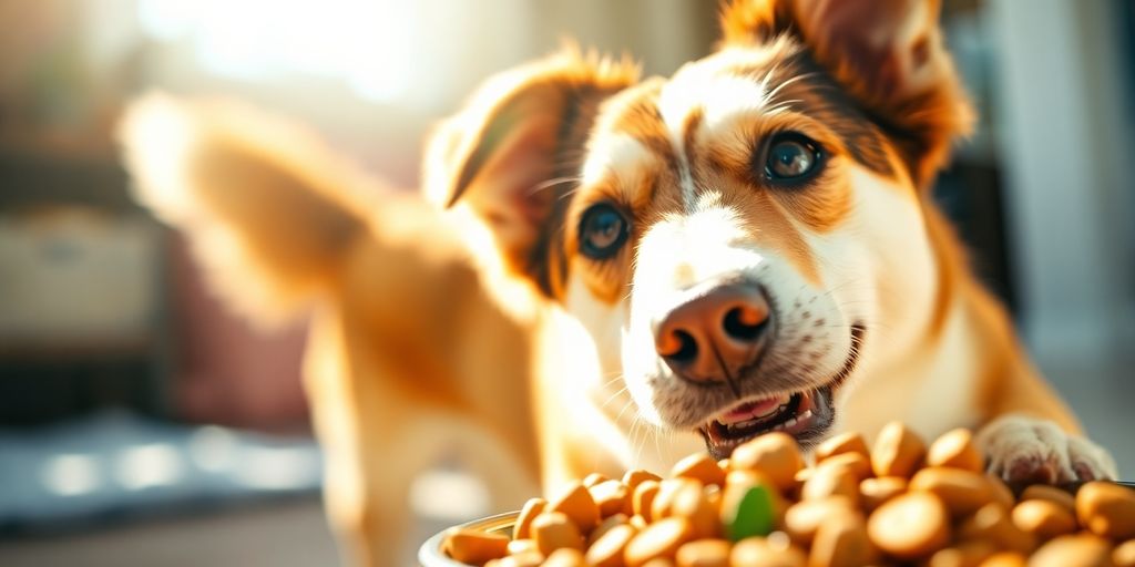 Happy dog eating healthy food