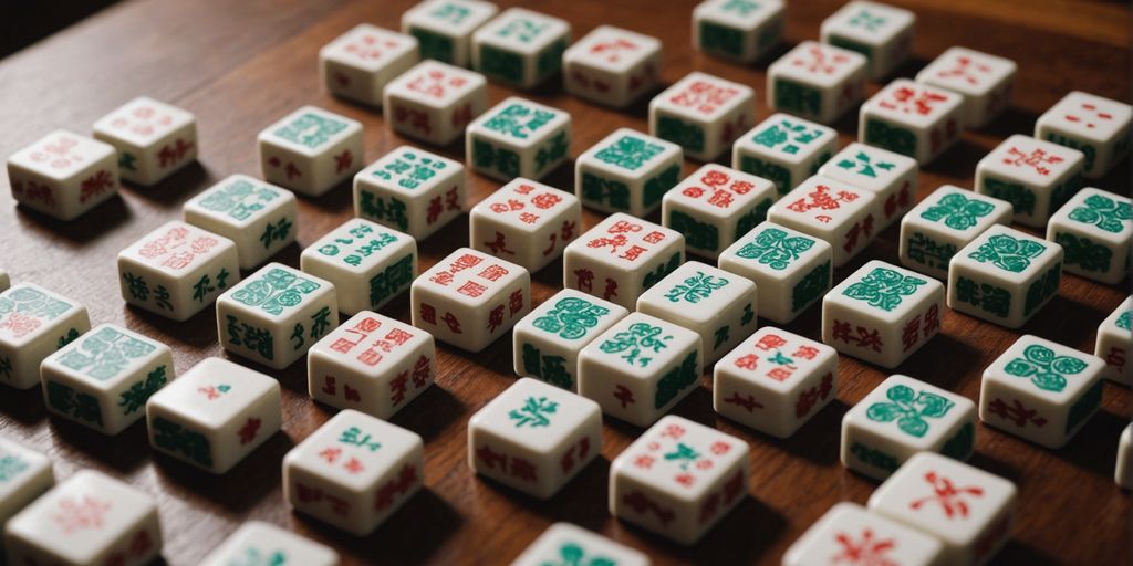 Various Mahjong tiles displayed on a wooden surface.