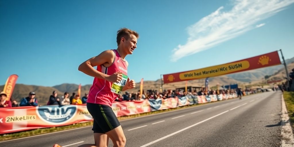 Runner sprinting on a marathon course with cheering crowds.