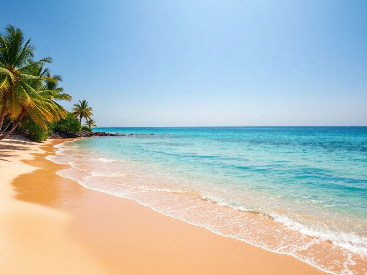 Goldener Sandstrand mit ruhigem türkisfarbenem Wasser und Palmen.